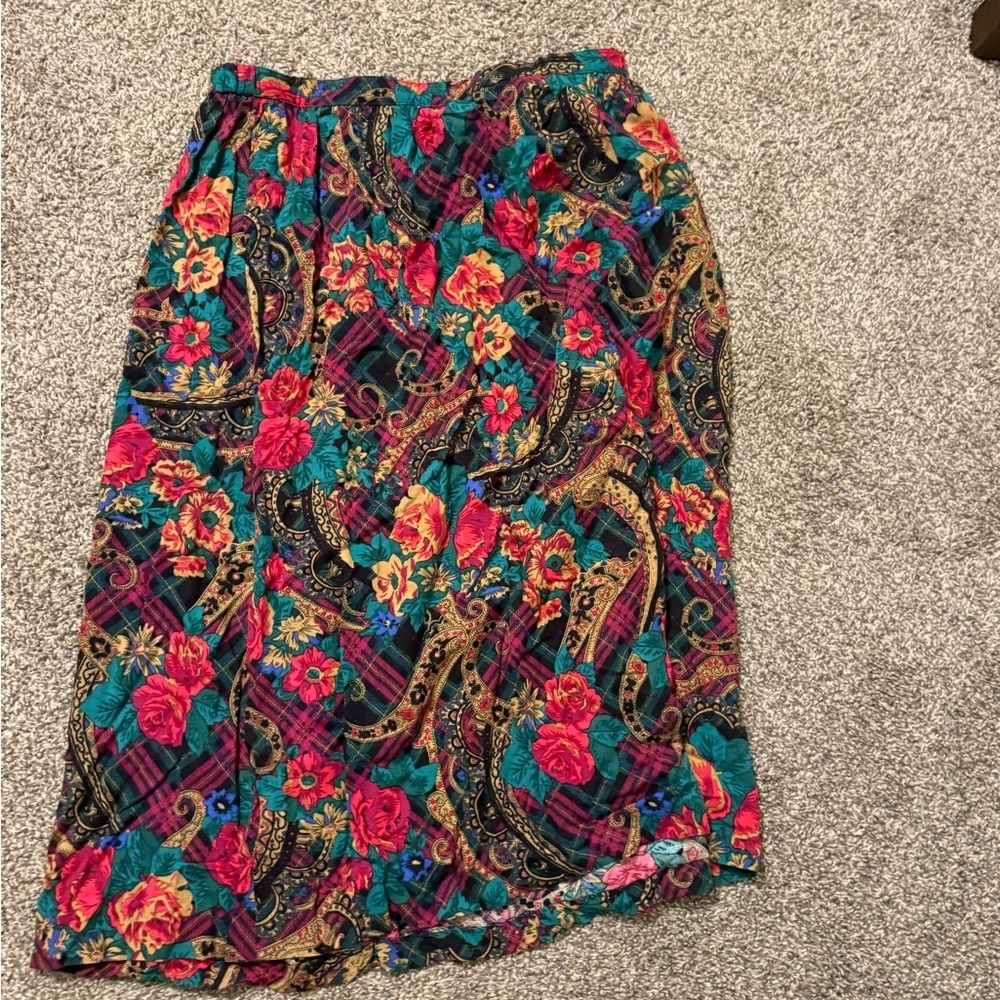 Alfred Dunner Teal Pink Gold Floral Paisley Midi Skirt